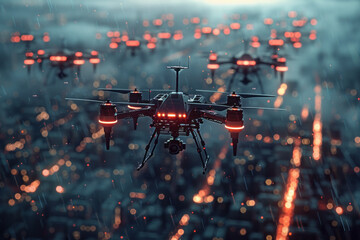 Leinwandbilder - A schematic of a military surveillance network, with drones and satellites linked in a strategic array,