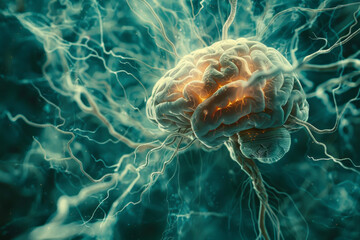 Aufkleber - A conceptual image of the human brain as a digital network, illustrating thoughts as data streams connecting various regions,