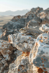 Poster - A graphic where lizard scales morph into rocky desert landscapes, illustrating their perfect adaptation to arid climates,