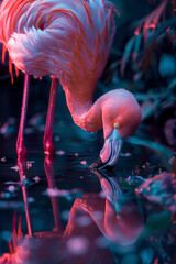 Leinwandbilder - A vibrant depiction of flamingo legs blending into tropical marshlands, emphasizing their specialized habitat needs,