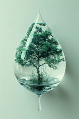 Poster - A minimalist design with a single, large water droplet containing a tiny, detailed ocean ecosystem inside,