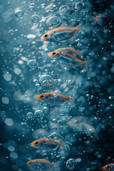 Poster - A surreal depiction of fish swimming through the air in water bubbles, illustrating water as a life-giving element,