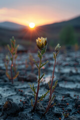 Aufkleber - A depiction of a drought-affected landscape with a single drop of water causing life to bloom, emphasizing conservation,