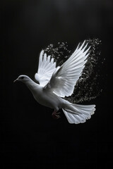 Poster - A minimalist design of words forming the shape of a dove, symbolizing peace and the persuasive power of peaceful dialogue,