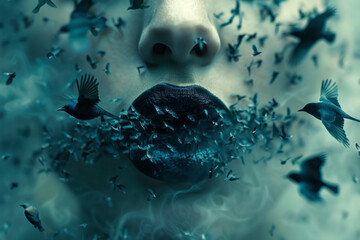 Aufkleber - A surreal image of a mouth opening to release a stream of words that transform into birds, symbolizing freedom of speech,