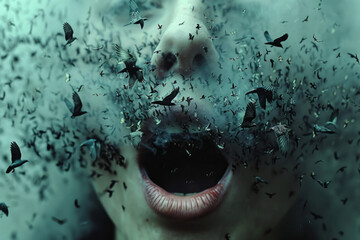 Poster - A surreal image of a mouth opening to release a stream of words that transform into birds, symbolizing freedom of speech,