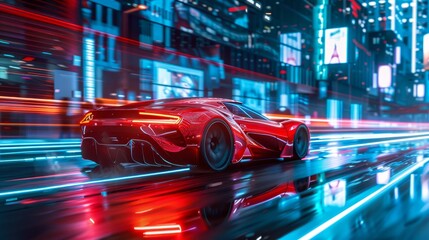 Wall Mural - Red sports car moving at high speed through the city streets, adorned with neon lights to create a motion effect. Illustrating the concept of futuristic automobile technology through a 3D rendering.