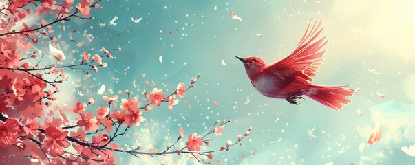 Wall Mural - Colorful Springtime Illustration with Bird Flying in The Sky.