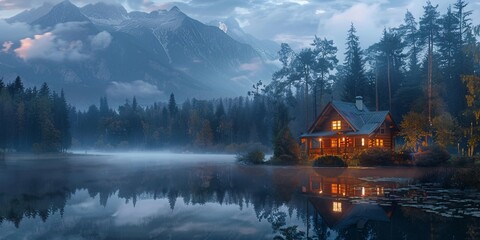 Wall Mural - Illuminated Wooden house in the forest on a calm reflecting lake with the foggy mountains in the background at dusk