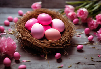 'easter gray nest background Pink eggs wooden flowers Design Food Nature Vintage Art Wood Spring Grass Concept Gift White Happy Success Color Celebration Chicken Time HolidayBackground Design Food'