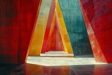 Fototapete - An image of sharp angles and pointed shapes in a chaotic arrangement, colored in urgent reds and warning yellows, calling for immediate action,