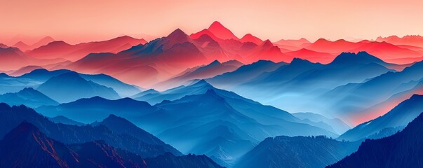 Poster - Illustration of abstract mountain range background with red and blue colors. Risograph style