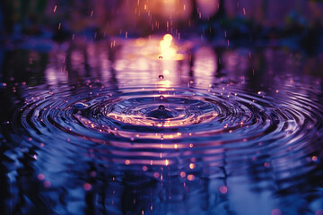 Leinwandbilder - A series of ripples expanding outward from a single point in a pond, depicted in calming blues and invigorating purples, symbolizing the spread of influence and ideas,