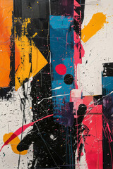Aufkleber - A dynamic painting where stark black and white contrast is disrupted by bursts of colorful abstract shapes, illustrating the disruption of societal norms,