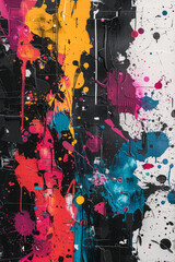 Poster - A dynamic painting where stark black and white contrast is disrupted by bursts of colorful abstract shapes, illustrating the disruption of societal norms,