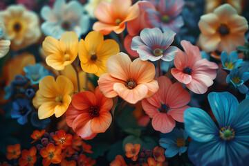 Poster - An abstract floral arrangement where each flower differs significantly in color and form but stems from the same root, reflecting societal diversity and shared origins,