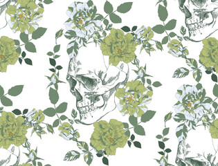 Wall Mural - Vintage skull with flowers seamless pattern on transparent background	
