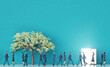Successful business in suits walking in line, background with copy space, tree and open door of opportunity. 3D rendering
