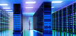 Business people monitoring server room working, supercomputers in server room with beautiful neon lighting 3D rendering