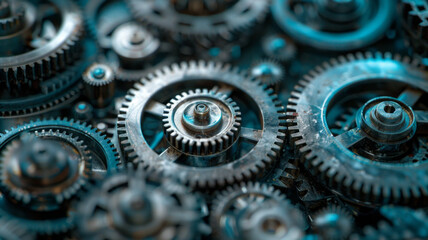 Aufkleber - A background of interlocking gears and cogs in motion, painted in sleek metallic shades, symbolizing industry and progress,