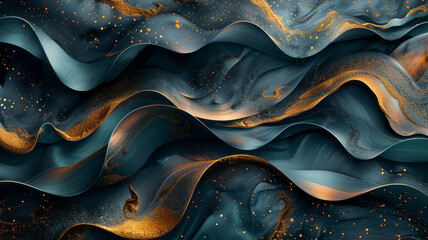 Poster - a contemporary poster design with a sophisticated palette of black, gold, and teal, featuring angula