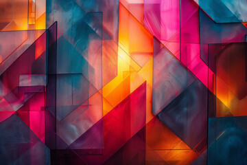 Poster - A modern abstract piece featuring neon geometric shapes that intersect and overlap, creating depth and intrigue,