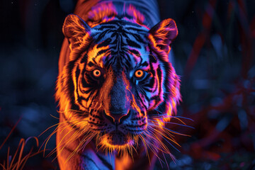 Poster - A composition featuring an animal rendered in neon outlines, such as a neon tiger prowling through the darkness,