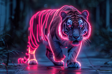 Poster - A composition featuring an animal rendered in neon outlines, such as a neon tiger prowling through the darkness,