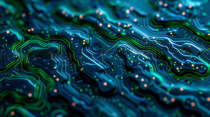 Poster - An electric circuit texture with a deep blue and neon green palette, ideal for backgrounds on a tech blog,