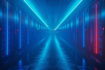 Poster - An AI-powered data center with servers emitting a cool blue light, ideal for IT service provider marketing materials,