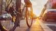 © Doni_Art - A cyclist rides his bicycle down a city street, with cars and people walking on either side at sunset.