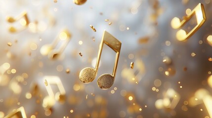 Elegant gold music notes floating with a magical shimmer, perfect for representing musical harmony and artistic concepts in vivid 3d detail