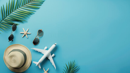 Top view of traveler accessories, tropical palm leaf and airplane on blue background with empty space for text. Travel summer holiday vacation banner concept