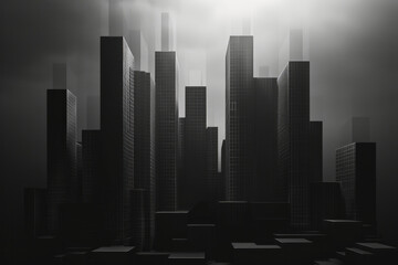 Poster - A minimalist depiction of a bar chart where the bars grow into real buildings, symbolizing the construction of a successful enterprise,