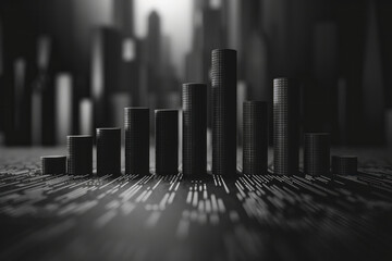 Poster - A minimalist depiction of a bar chart where the bars grow into real buildings, symbolizing the construction of a successful enterprise,