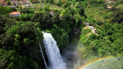 Wall Mural - Waterfall scenery . Cascate delle Marmore - biggest artificial waterfall in Europe. Umbria, Italy. aerial drone 4k hd video