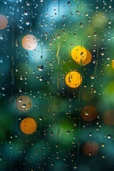 Poster - A detailed image of raindrops on a window, magnifying the way light bends and colors reflect in each droplet,