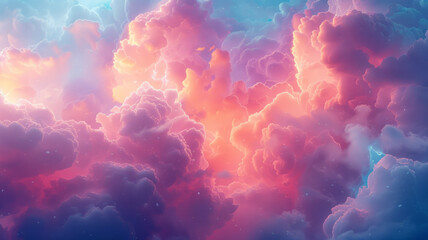 Poster - An abstract design mimicking the Pelican Nebula, with billowing pink and orange clouds against a deep blue sky,