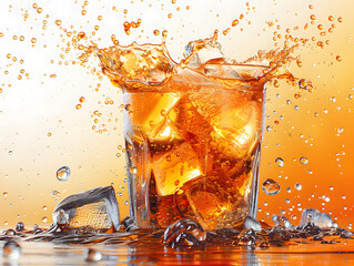 Wall Mural - A glass of soda coke with ice cubes and a orange background.