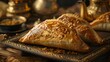 Golden baked sambousek pastries on a rich traditional setting