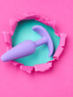 anal plug dildo sex toy over hole in pink background