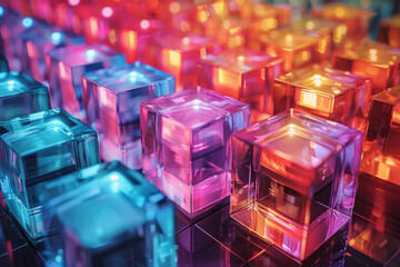 Poster - A mesmerizing grid of shifting psychedelic cubes, each side adorned with iridescent colors,