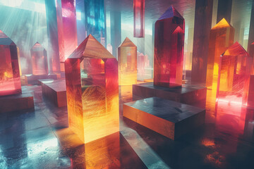 Poster - A sea of floating geometric shapes, each casting a neon glow that reflects off invisible surfaces,