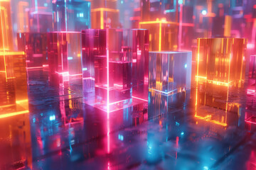 Poster - A sea of floating geometric shapes, each casting a neon glow that reflects off invisible surfaces,