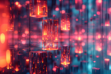 Poster - A sea of floating geometric shapes, each casting a neon glow that reflects off invisible surfaces,