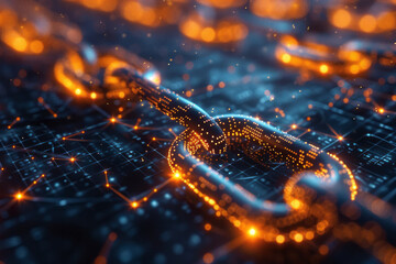 Poster - A detailed map of a blockchain network, visualizing connections between blocks with shimmering links,