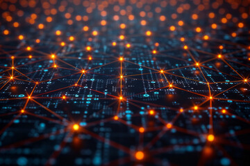 Poster - An intricate web of cyber security protocols, depicted as a fortified network with barriers and data flow controls,