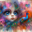 Abstract Baby Girl and Peacock in Loose Sketchy Brush Strokes