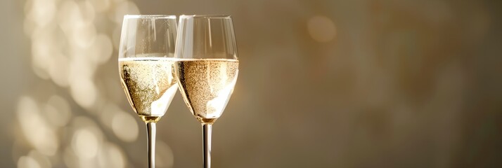 two champagne flutes are sitting on a table with a blurry background