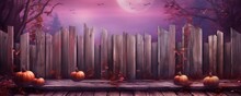 A Wooden Fence With Pumpkins On It In Front Of A Full Moon And Bats Flying Over It